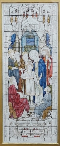 J Powell and Sons for Whitefriars Glassworks London, original watercolour design for stained glass window in Woodhouse Church, 20 x 8cm. Condition - good